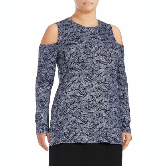 New! MICHAEL KORS Women's Cold Shoulder Blue Paisley Print Top Blouse 3X Plus - Picture 1 of 7